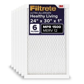 Filtrete 24x30x1 AC Furnace Air Filter, MERV 12, MPR 1500, CERTIFIED asthma & allergy friendly, 3 Month Pleated 1-Inch Electrostatic Air Cleaning Filter, 6-Pack (Actual Size 23.81x29.81x0.78 in)