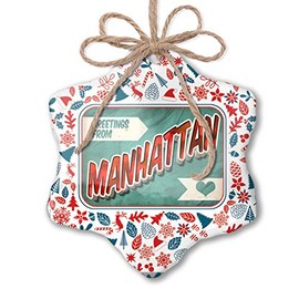 NEONBLOND Christmas Ornament Greetings from Manhattan, Vintage Postcard Red White Blue Xmas