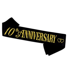 10th Anniversary Sash - Perfect for Happy 10th Wedding Anniversary Party Decors - Soft Black Sash with Gold Foil - 10 Year 10th Anniversary Party Supplies Gift Decors Favors for Husband Wife