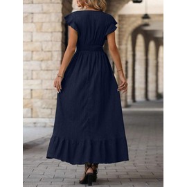LIGHT DOT Women's Casual Dress V Neck Wrap Dress Short Ruffle Sleeve Flowy Maxi Dress High Waist (Navy,XL)
