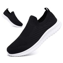 SPRGREEN Mens Laceless Slip - on Mesh Knit Sneakers for Casual Athletic Walking & Running - Lightweight, Comfortable, Breathable, Black White, 11