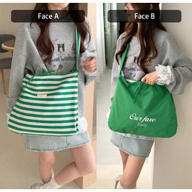 Reversible Green & White Striped Canvas Tote Bag for Women - Large Capacity Shoulder & Crossbody Purse (Dual-Sided Wear),Lightweight Work, Shopping, School & Travel Bag