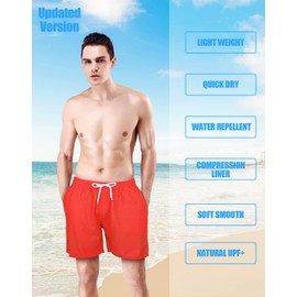 Mens Swim Trunks with Compression Liner Anti Chafe no Mesh net Comfort Swimming Shorts Boxer Brief Lined 7" Red Large