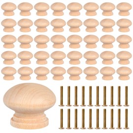 Supkiir 40Pcs Wooden Drawer Knobs, 1.06in Round Mushroom Shape Dresser Knobs, Natural Wood Cabinet Knobs with Screw Unfinished Furniture Knobs for Dresser Drawers Cupboard Door Pulls Handles