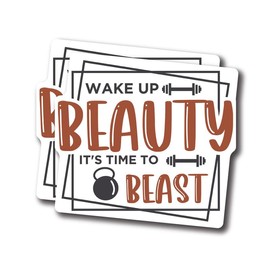 Wake Up Beauty It's Time to Beast - Funny Gym Rat Fitness Workout Stickers - Premium Quality Vinyl Bumper Stickers 2-Pack | 5-Inch on Widest Side | Made in USA - FHJ528