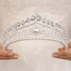 JWICOS Tiaras y coronas para mujer, tiara de boda de perlas para novia, barroco, reina, corona de diamantes de imitación, accesorios para el pelo para cumpleaños, concursos de graduación