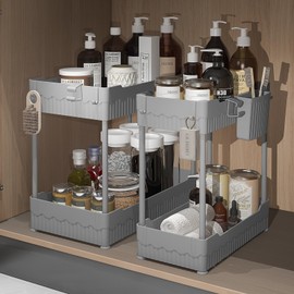 Sevenblue 2 Pack Under Sink Organizer, Under Bathroom Cabinet Organizer with Hooks Hanging Cup, Multi-Purpose Storage Shelf for Kitchen Bathroom (Gray, L)