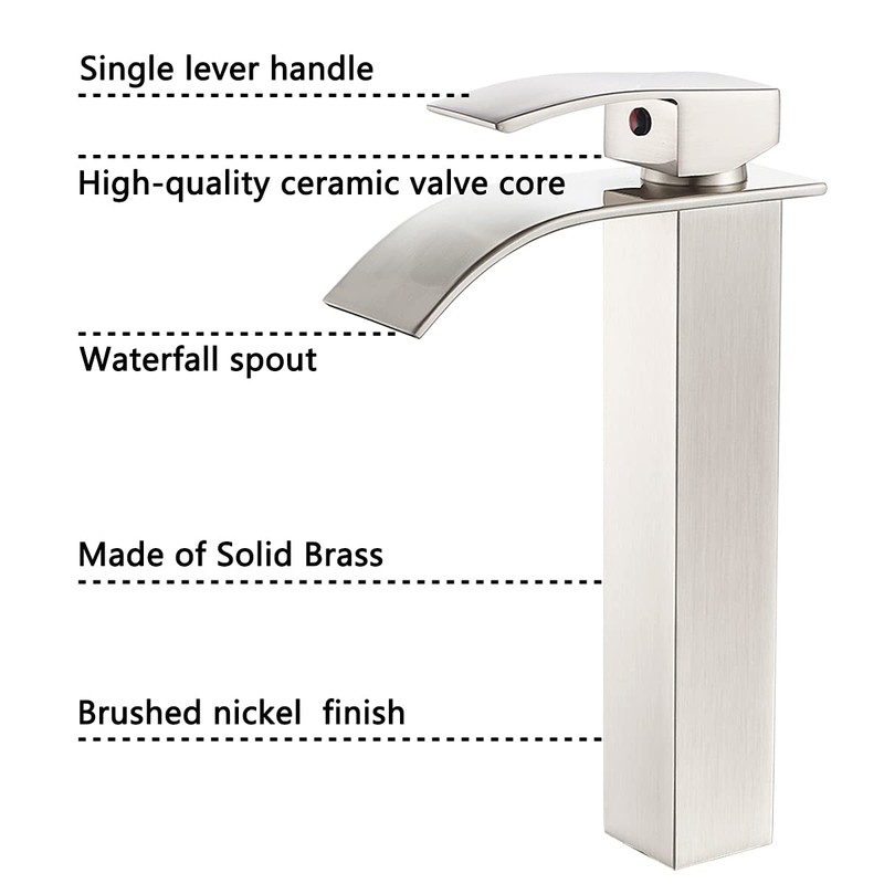 VOTON Vessel Sink Faucet Brushed Nickel Modern Tall Waterfall Bathroom