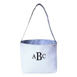 SONA G DESIGNS Seersucker Medium Fabric Easter Basket Bucket Tote Bag (Blue - Monogram)