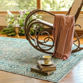 Simple&Opulence Boho Area Rug 5x7 for Living Room, Machine Washable Non Slip Low Pile Vintage Carpet for Bedroom, Dining Room, Office, Tribal Floral Printed Rug Home Decor for Office(Green)