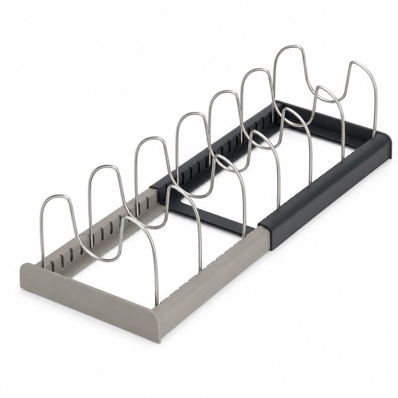 7-Grid Adjustable Pot and Pan Organizer Rack, Expandable Metal Lid