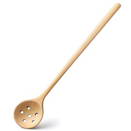 1pcs Long Slotted Spoons Wooden, Jam Spoons, Olive Spoons Korean Style 10.9 inches 100% Natural Wood Long Handle Round Spoons with Slots for Soup Cooking Mixing Stirrer Mukbang Kitchen Tools Utensils