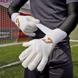Catch & Keep Invictus Goalkeeper Gloves, Professional Football Gloves for Adults (Size 7-11), 4 mm Viper Grip for Hold in Rain and Wet, Negative Cut, Elastic Bandage (Invictus White Gold, 10)
