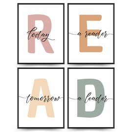 PLKMN Classroom Decor, Boho Classroom Must Haves Homeschool Wall Decor Set of 4, Reading Nook Corner Read Signs for Neutral Classroom Library Kindergarten, Reader Wall Art Prints 12x16 (Unframed)
