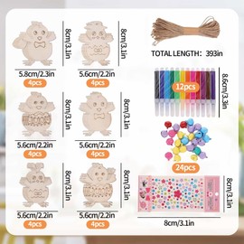 Eidoct Easter Wooden Chick Crafts Set 24Pcs Unfinished Wooden Chicken Shape Crafts DIY Wooden Hanging Decorations Wooden Painting Hanging Tag Ornaments, with string watercolor pen sticker bell (Chick)