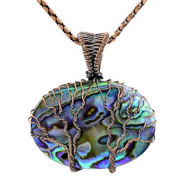Copperie Gemstone Pendant Copper Wire Wrapped Jewelry Necklace - 20" Chain CP-M (Abalone Shell)