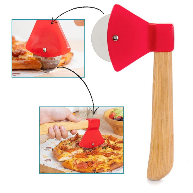 ANDINUS Pizza Cutter Axe Shape - Wooden Handle Red Plastic