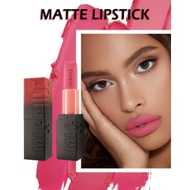Matte Lipstick Rose Pink, Nude Matte Lipstick Long-Lasting Lip Makeup Waterproof Smudge Proof for Women,Silky Velvet Moisturizing Lip Stick High Impact Lip Color Lip Gloss Balm Gift for Girls-01