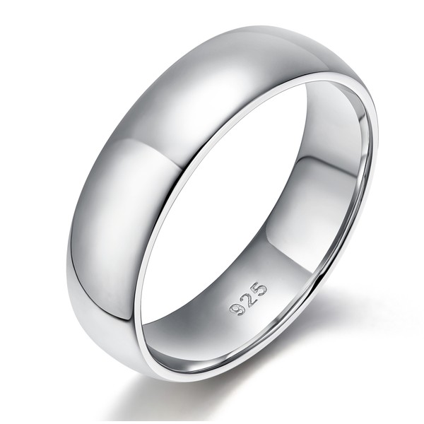 EAMTI 6mm Mens Sterling Silver Rings Wedding Band High Polish Plain Dome Comfort Fit Size 8