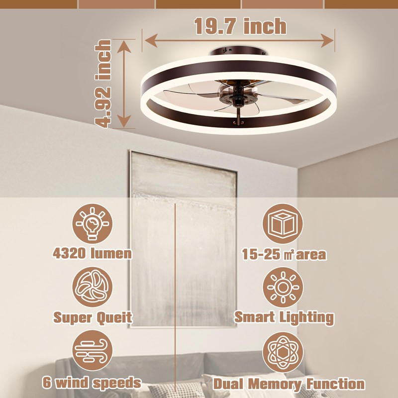 VOLISUN Low Profile Ceiling Fans with Lights and Remote, 19.7in