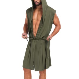 VintageClothing Men's Summer Robe with Hooded Lightweight Bathrobe House Kimono Sleeveless Sexy Sleepwear Pajamas, Army Green, L