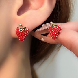 Inateannal Vintage Strawberry Earrings Red Strawberry Stud Earrings Small Fruit Strawberry Earrings Enamel Strawberry Earrings Sweet Strawberry Fruit Earrings Jewellery For Women, Zinc, No Gemstone
