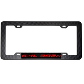 ERPART Black Carbon Fiber Look License Plate Frame with 6.4L 392ci RED on Black Highly Polished Real Aluminum Emblem