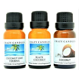 Crazy Candles 3 Bottles Set, 1 Coconut Lime Verbena, 1 Coconut, 1 Black Coconut 1/2 Fl Oz Each (15ml) Premium Grade Scented Fragrance Oils