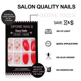 Cute Press on Nails Short Almond OFDNE Red Fake Nails with Cherry Designs Full Cover False Nails Cute Glossy Glue on Nails Reusable Stick on Nails Acrylic Nails for Women Girls 24 Pcs