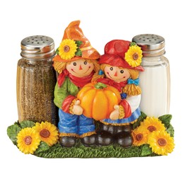 Collections Etc Hand-Painted Harvest Scarecrow Couple 3-Piece Salt & Pepper Shaker Set