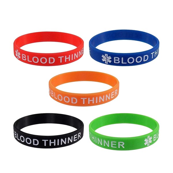 Lyndong 5 Pack Blood THINNER Silicone Medical Alert Emergency Bracelet Wristbands (Blood THINNER)