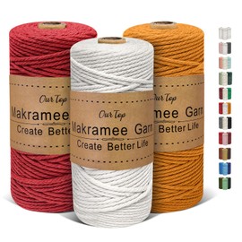 OurTop Premium Macrame Yarn Set of 3, 3 mm x 100 m Macrame Cord, Macrame Cord, Yarn for DIY Crafts, Weaving Decoration, Hanging Plant Hanger (Natural, Yellow, Red)