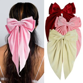 Loqpol 3 PCS Large Velvet Hair Bows, Oversized Long Tail Bows with Aliigator Clips, Coquette Hair Accessories for Women and Girls (Pink - Wine Red - White)