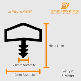 Room Door Seal 5 m Grey: 12 mm Rebate Width / 2.8 mm Groove Width / Height 6 mm / Ideal for House and Room Doors