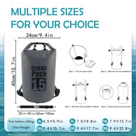 Dry Bag 15L, Boat Dry Bags Grey Waterproof Bag Dry Sack Roll Top Long Adjustable Shoulder Strap 2L/5L/10L/20L/30L/40L for Drifting Boating Kayaking Fishing Rafting Swimming Camping Canoeing Surfing