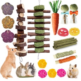 Jorewood 21 Pcs Rabbit Chew Toys for Teeth, Natural Bunny Toys Peach Wood Grass Timothy Sticks Chew and Treat for Guinea Pigs Hamster Chinchillas and Other Small Pets