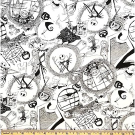 1 Yard - Jack & Sally Nightmare Christmas Scenic Sketch Cotton Fabric (Great for Quilting, Throws, Sewing, Craft Projects, and More) 1 Yard x 44"