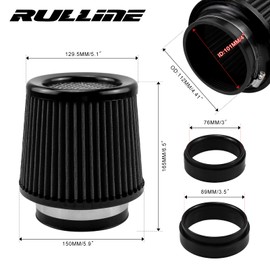 RULLINE 76mm 89mm 102mm Air Filter 3" 3.5" 4" Cold Air Intake Universal Clamp-On Air Filter Three Different Size High Flow Round Tapered Cone Cool Air Filter Cleaner Black