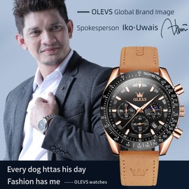 OLEVS Men's Watch Quartz Multifunctional Chronograph Brown Leather Strap Waterproof Sports Night Light Fashion Calendar Simulation Watch (9957- Rose Shell Black Face)
