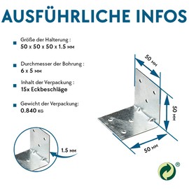 VHG Angle Connector with Beading Set of 15 (50 x 50 x 50 x 1.5) - 90 Degree L Brackets Corner Brackets Galvanised Wood Connectors Reinforced Heavy Duty Angle Support for Wood Construction Angle for