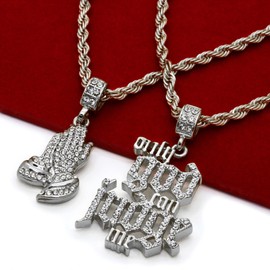 Only God Can Judge Me & Praying Hands Pendant & 4mm 20" 24" Rope Chain Hip Hop Necklace Fashion Jewelry (SILVER SET)