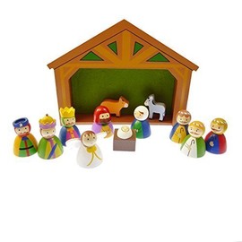 C BC Children's Christmas Nativity scene set ornament wood shed Jesus 12 pieces Xmas
