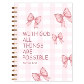 Qnhij Coquette Pink Bow Christian Spiral Notebook 5.5x8.3, with God All Things are Possible Bible Journaling Notebook, Religious Prayer Journal for Woman, Church Notes Journal