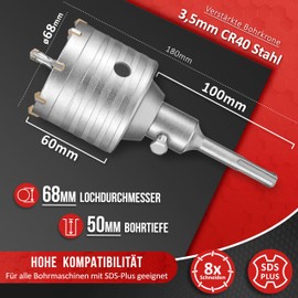 KSP-Tec®, Drill Bit, 68 mm, Reinforced Construction, Hammer Impact Resistant, XXX Teeth, 4 Cutting Edge Centre Drill Bit, Can Drill, Core Drill, Socket for Masonry and Concrete