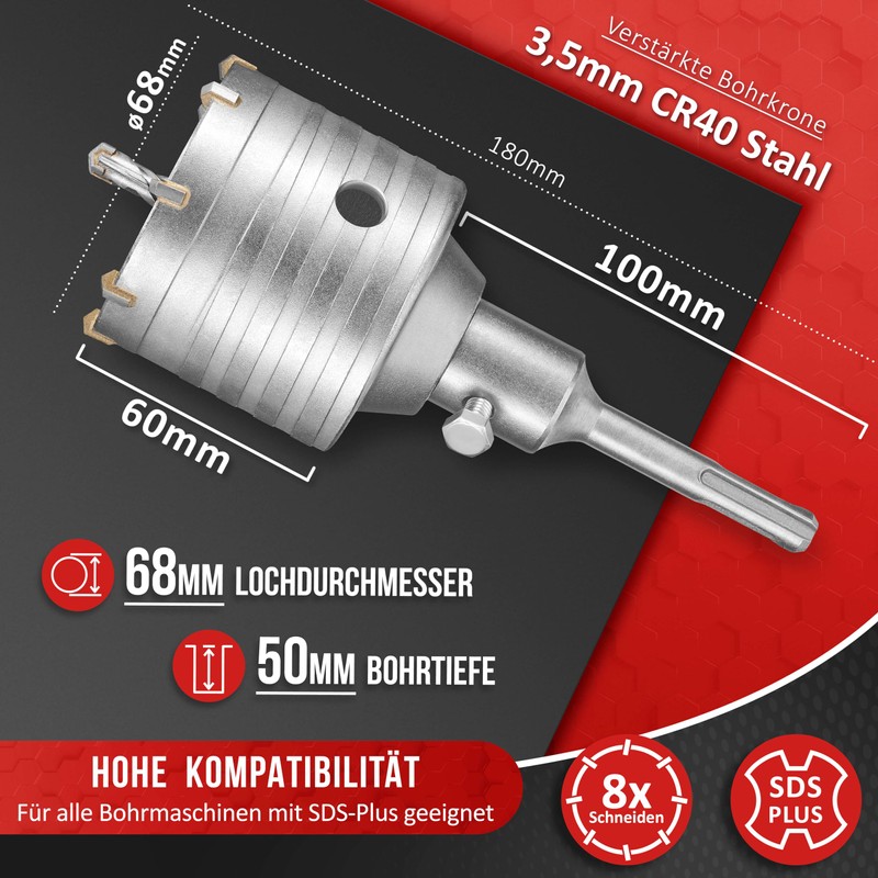 KSP-Tec®, Drill Bit, 68 mm, Reinforced Construction, Hammer Impact Resistant,