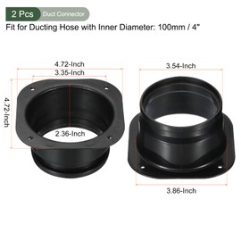 YOKIVE 2 Pcs Duct Connector Flange, Plastic Square to Round Straight Hose Flange Connect Air Duct, Great for Ventilation System (Black, 4-Inch)