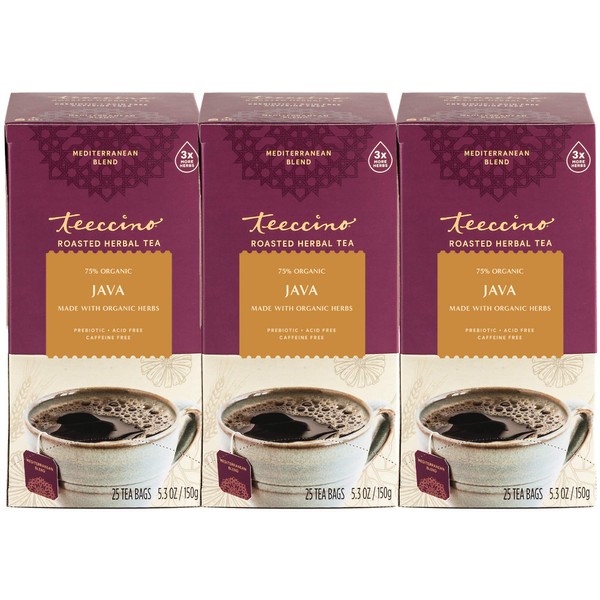 Teeccino Java Herbal Tea - Rich & Roasted Herbal Tea That’s Caffeine Free & Prebiotic for Natural Energy, 25 Tea Bags (Pack of 3)