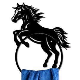 MAYJOYDIY Horse Metal Towel Ring Country Style Horse Towel Holder Horse Animal Towel Ring Black Plant Towel Rack Wall Mounted for Bathroom Kitchen Towel Hanger Home Decors Gift