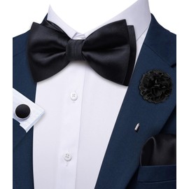 Barry.Wang - Pajaritas de moño preatadas para hombre, ajustable, color sólido, con gemelos, broche de gemelos, boda, fiesta, Satén negro, Talla única