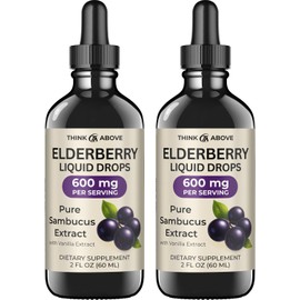 Think Above Elderberry Liquid Drops, 600mg, 2 Fl Oz, Pure Sambucus Extract with Vanilla, Vegan Immune Support Supplement, (Pack of 2)